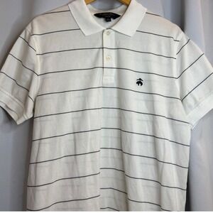 Brooks Brothers White Polo Shirt Supima Cotton Slim Fit Black Striped Mens‎ L